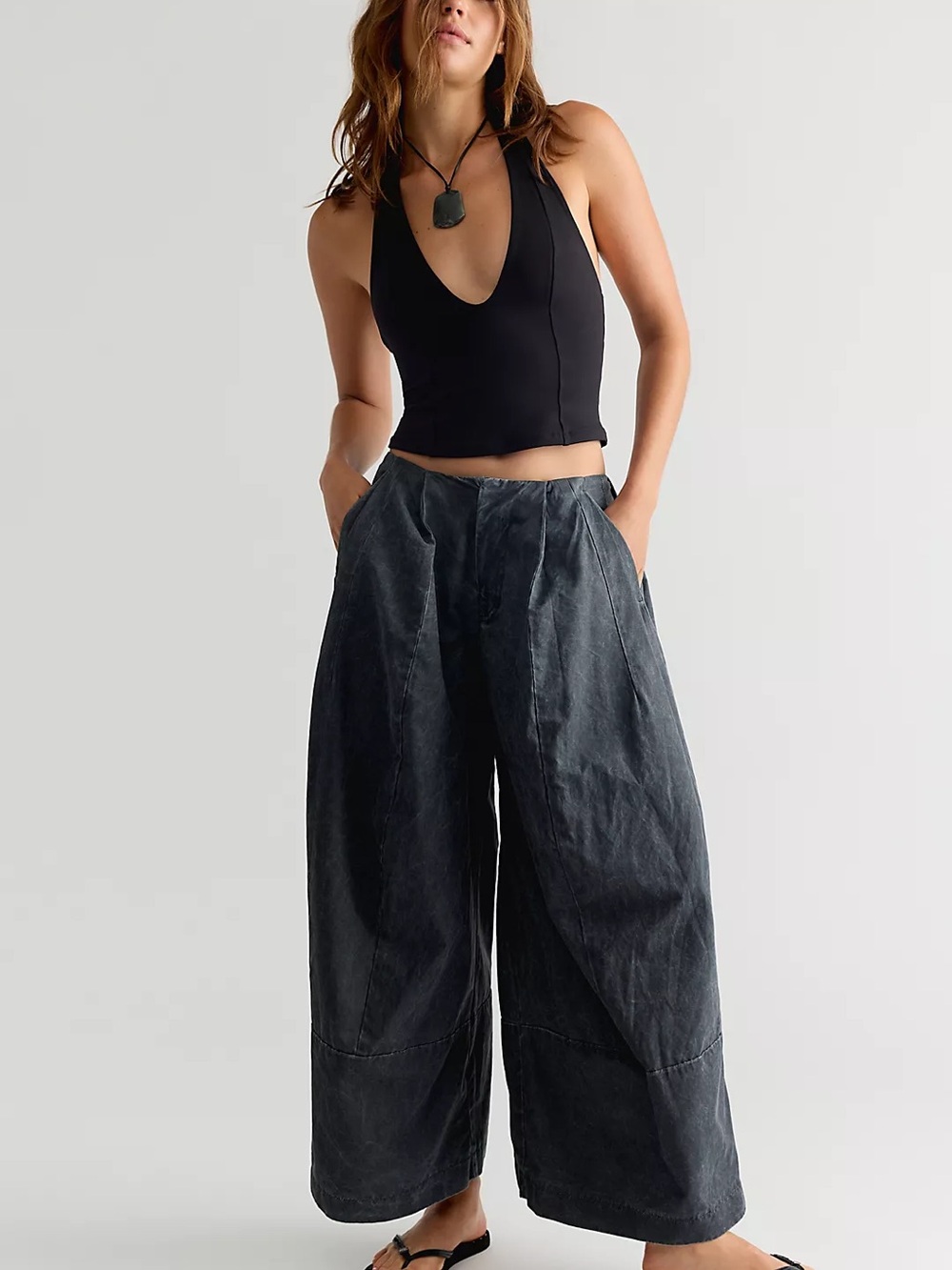 Free People Wide Leg Washed Black-Grey Pants
